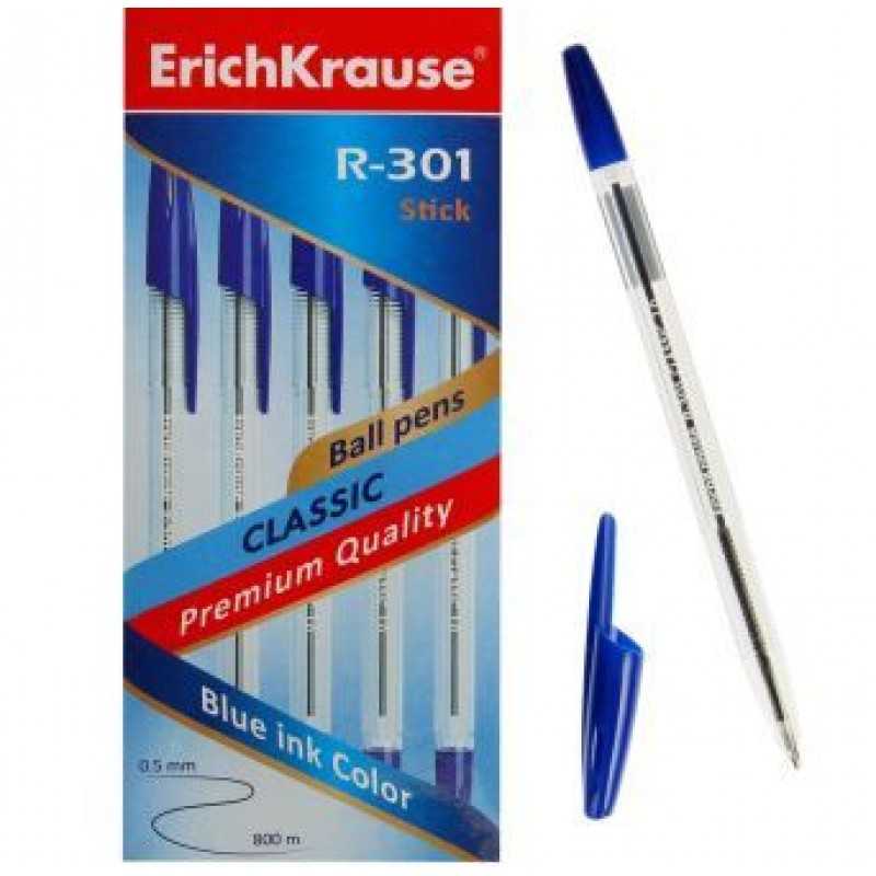 Ручка Erich Krause шариковая  R-301 прозрач. корпус 0,7мм синяя (50шт)